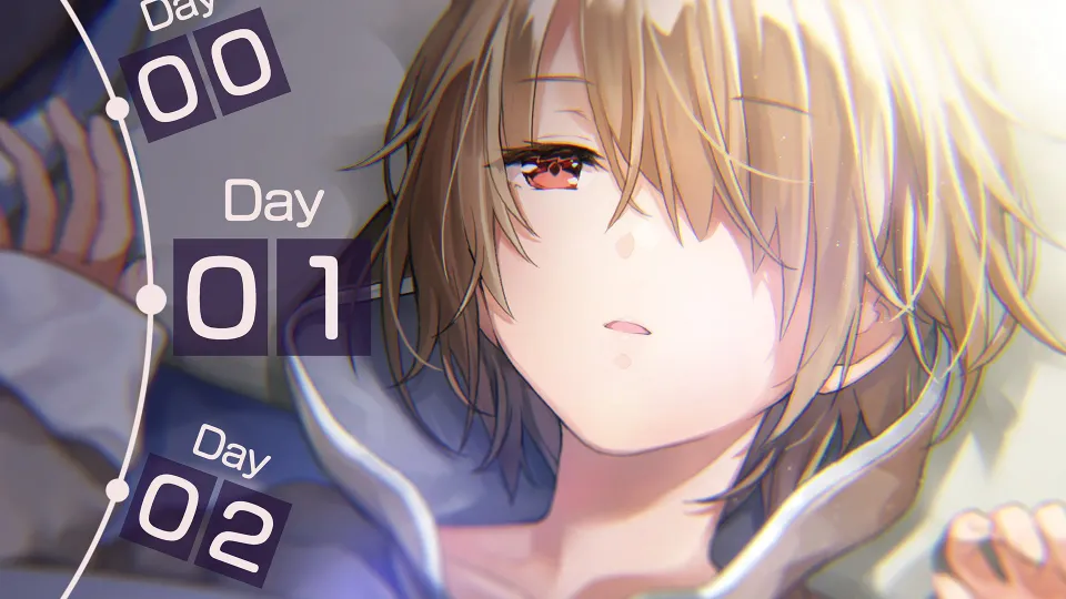 経過日数を示す「Day」のカウンターと、目覚めたばかりの少女のアップを組み合わせたヘブンバーンズレッドのイメージイラスト
